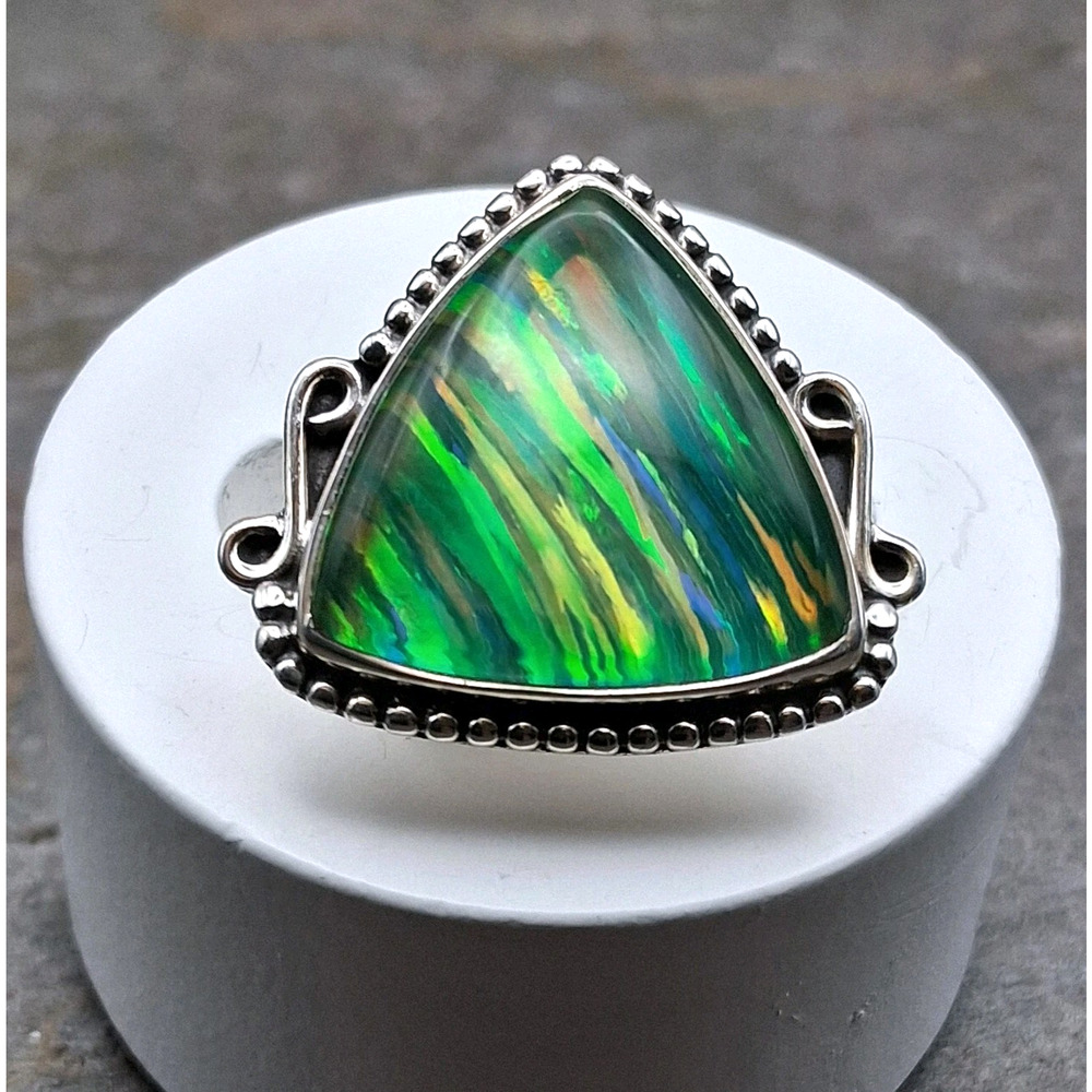 Aurora Opal Ring Sterling Silver Size 9 Large Triangle Green Fire Southwestern